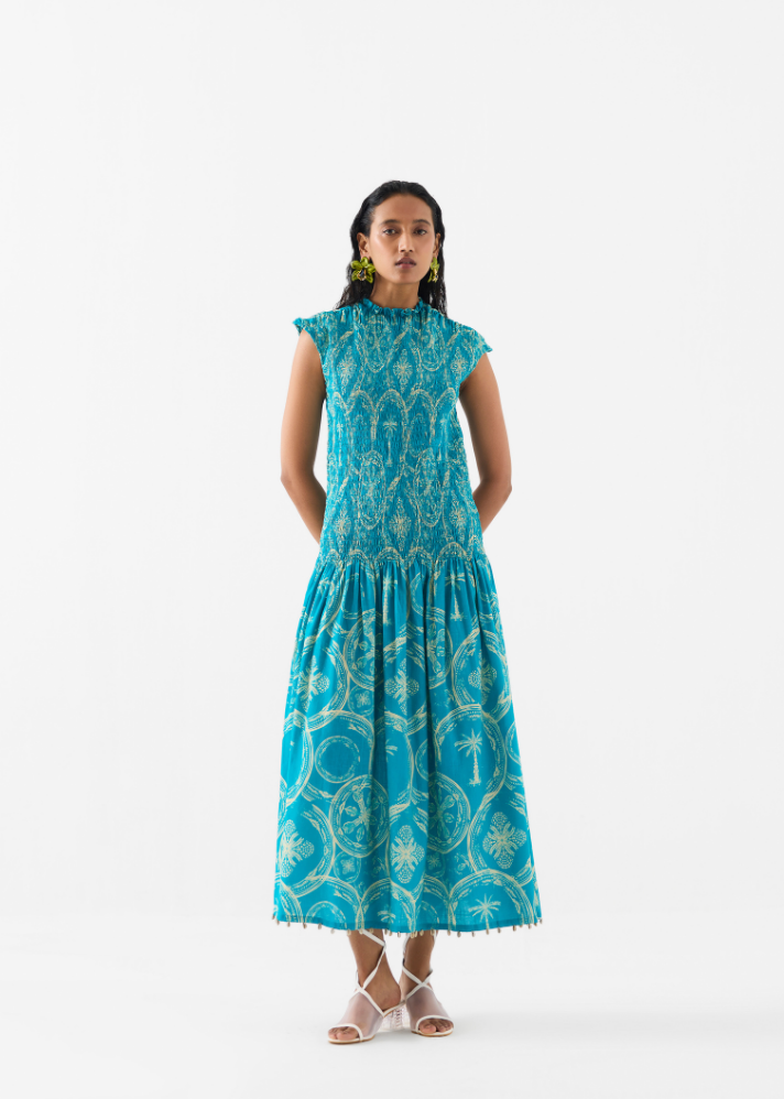 A Model Wearing Multicolor Cotton Coconut Palm Ruching Dress, curated by Only Ethikal