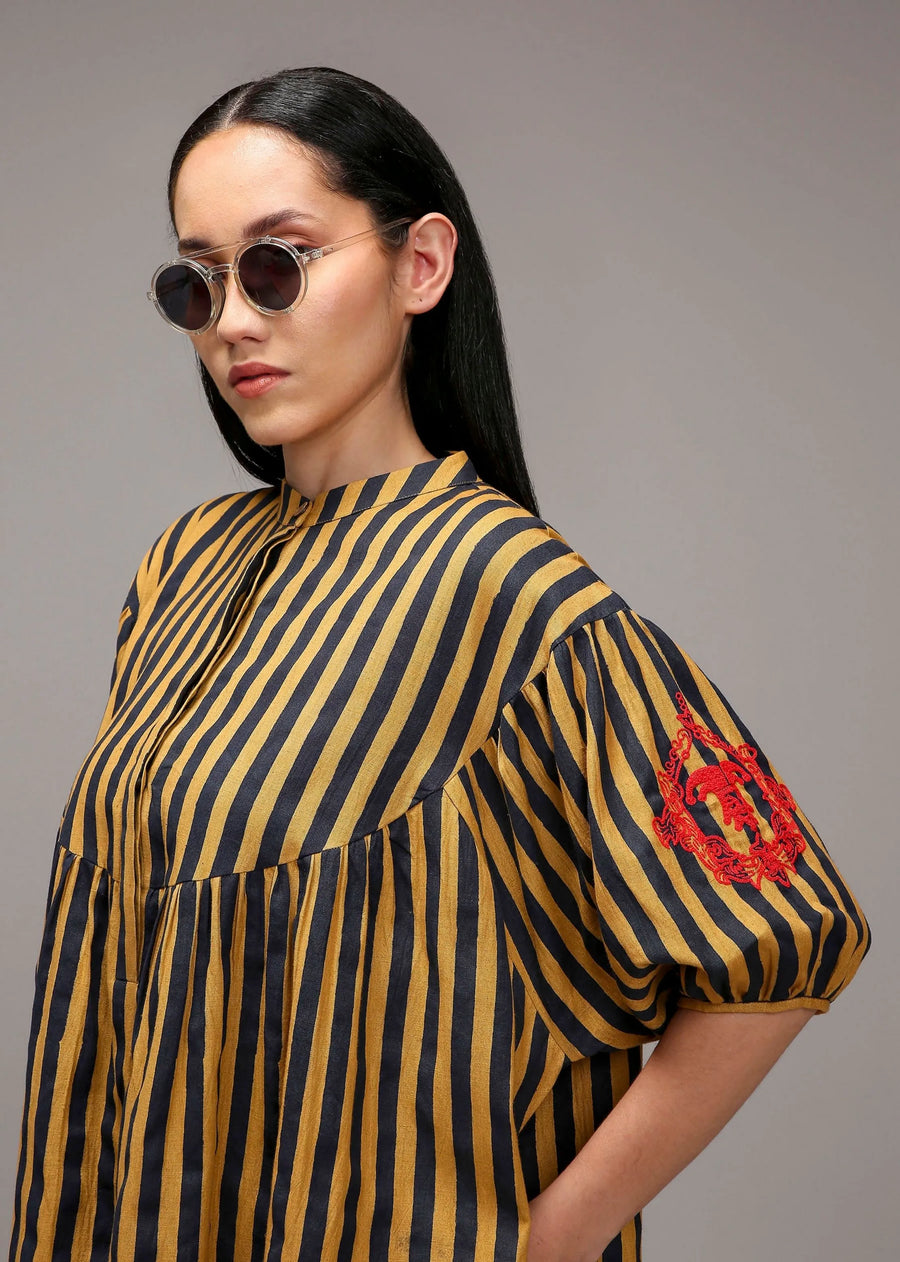 Tan-Brown Blue Striped Short Acra Tunic