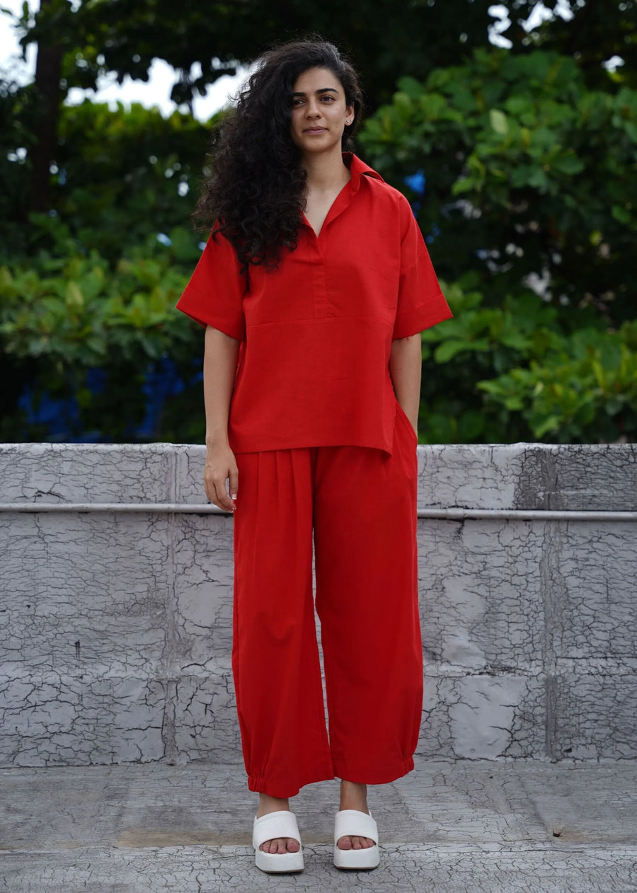 A Model Wearing Red, Green, Rust, Beige, Oatmeal Pure Cotton Capsule Edit Ekin Shirt & Hera Cotton Co-Ord Set (2 PCS), curated by Only Ethikal