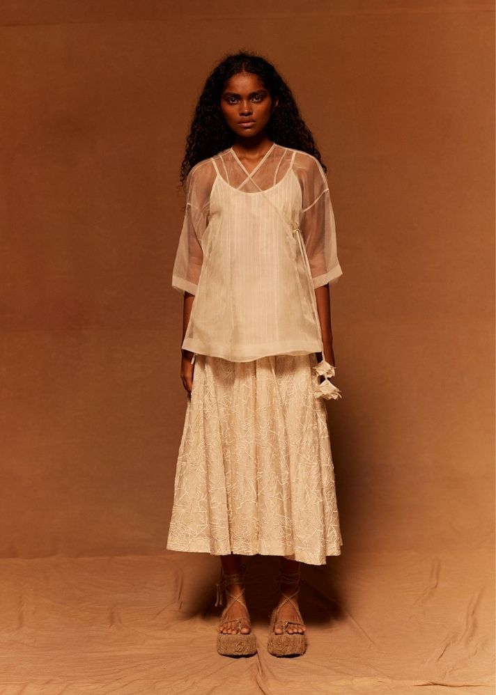 A Model Wearing White Silk Tsuru Angrakhi + Slip, curated by Only Ethikal