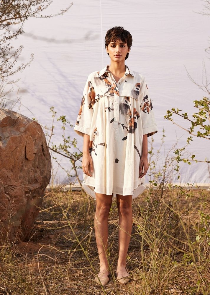 A Model Wearing White  Cotton Mul Panchi Shirt dress, curated by Only Ethikal