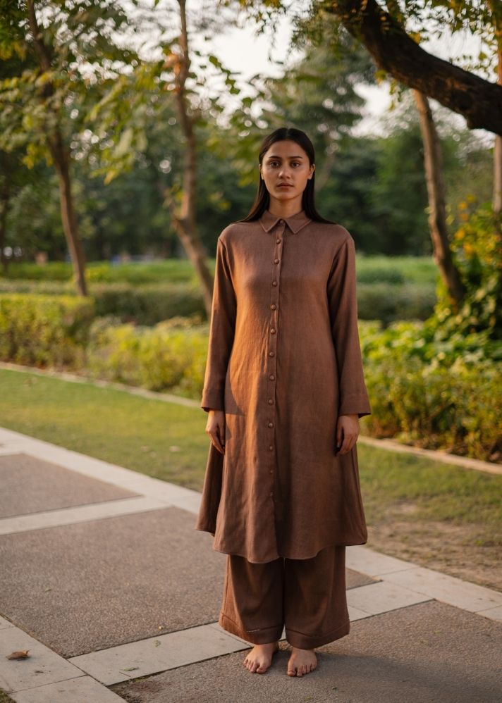 A Model Wearing Brown   Wool Aleeza Tunic - Brown , curated by Only Ethikal