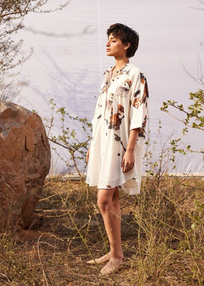 A Model Wearing White  Cotton Mul Panchi Shirt dress, curated by Only Ethikal