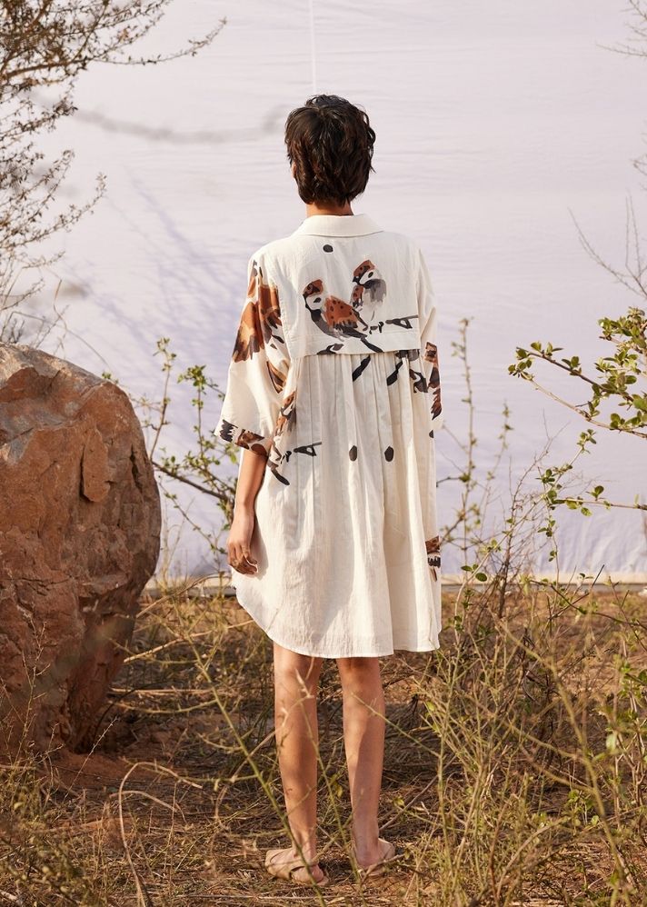 A Model Wearing White  Cotton Mul Panchi Shirt dress, curated by Only Ethikal