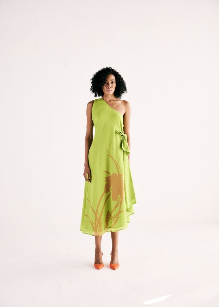 A Model Wearing Green Cotton Mul Limelight Dress, curated by Only Ethikal