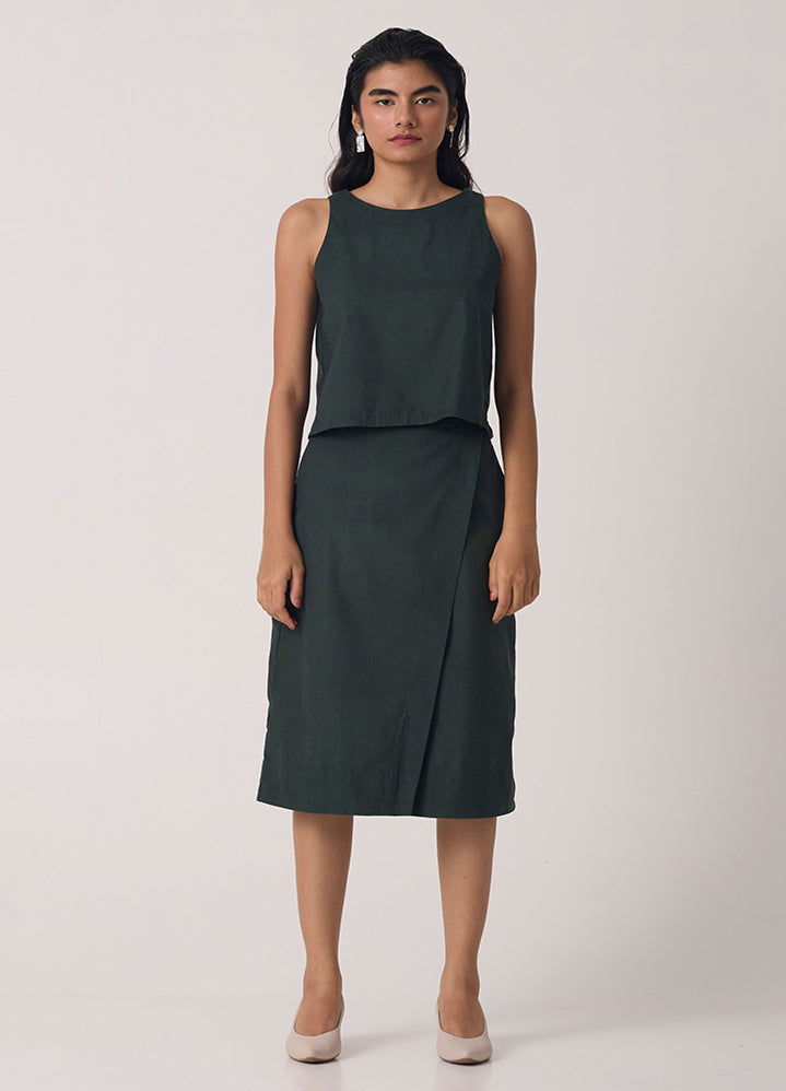 A Model Wearing Green Organic Cotton Pirmin Green Corduroy Skirt Set, curated by Only Ethikal