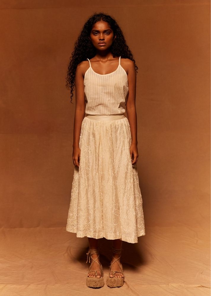 A Model Wearing White Cotton Silk Chanderi Muryo Emroidered Skirt, curated by Only Ethikal