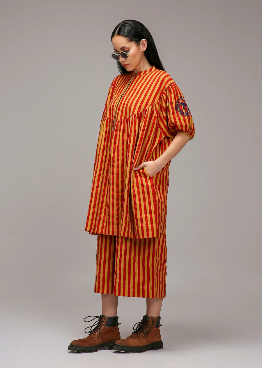 Tan-Brown Red Striped Short Acra Tunic
