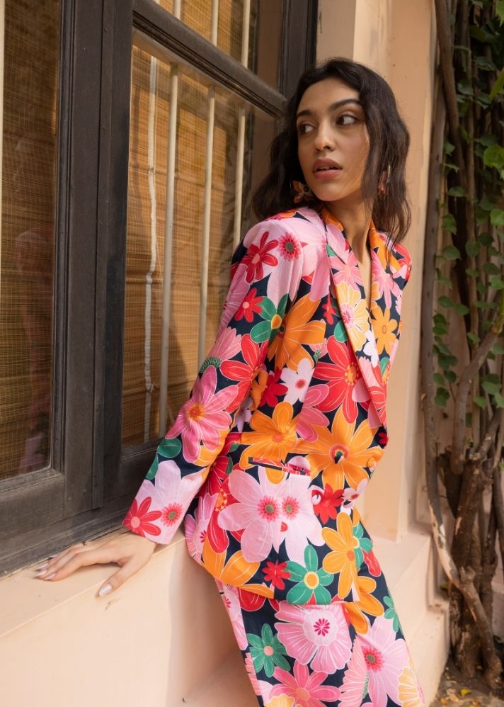A Model Wearing Multicolor Organic Cotton Bellini Co-Ord Set- Mosaic Pink Print, curated by Only Ethikal