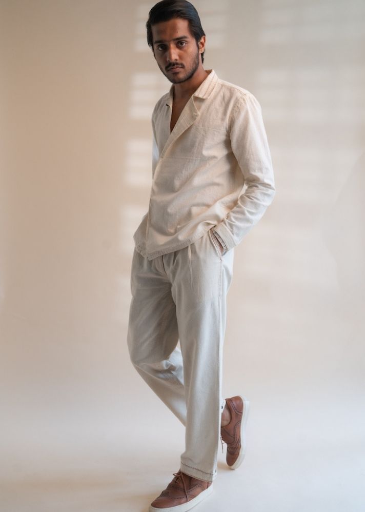 A Model Wearing White Pure Cotton Dawning Patch Pocket Shirt, curated by Only Ethikal