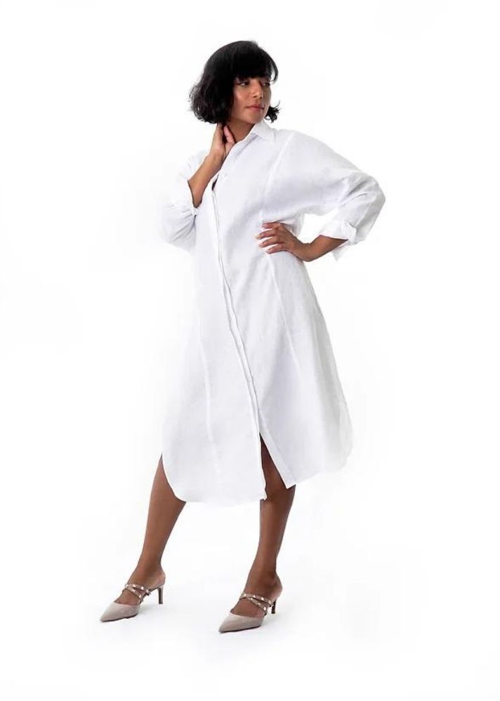 A Model Wearing White Linen Lucia Oversize Shirt Dress - Midi, curated by Only Ethikal