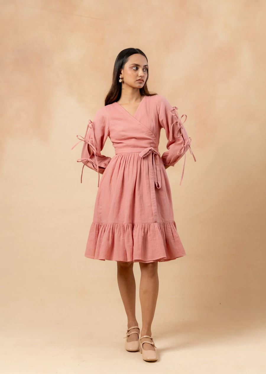A Model Wearing Pink Organic Cotton Petal Belted Dress, curated by Only Ethikal