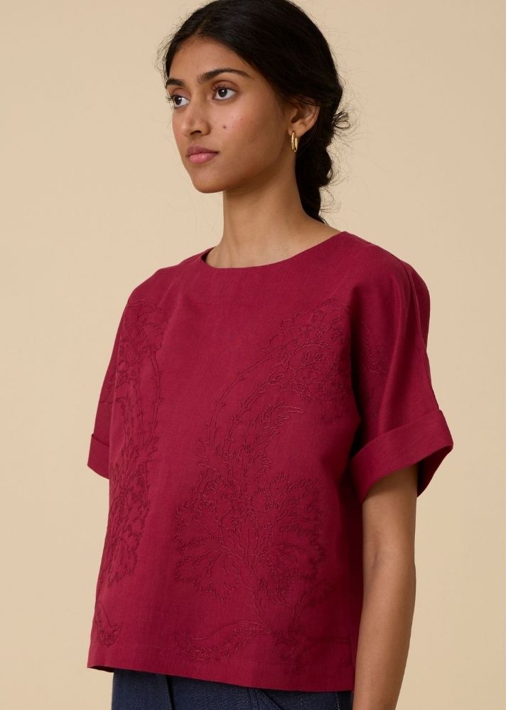 Affan Cherry Embroidered Top