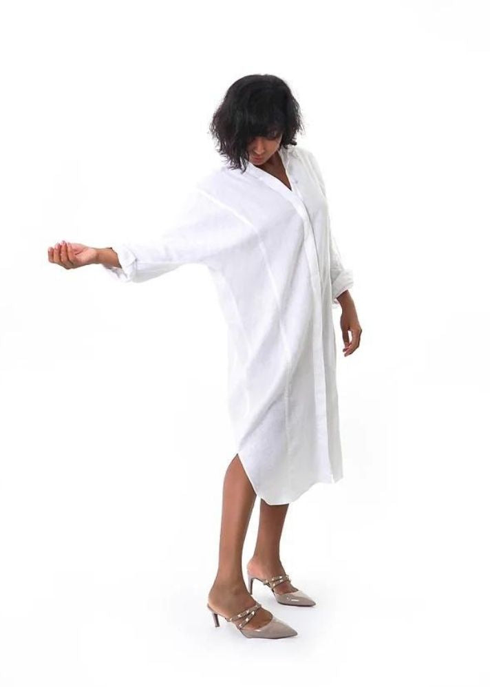 A Model Wearing White Linen Lucia Oversize Shirt Dress - Midi, curated by Only Ethikal