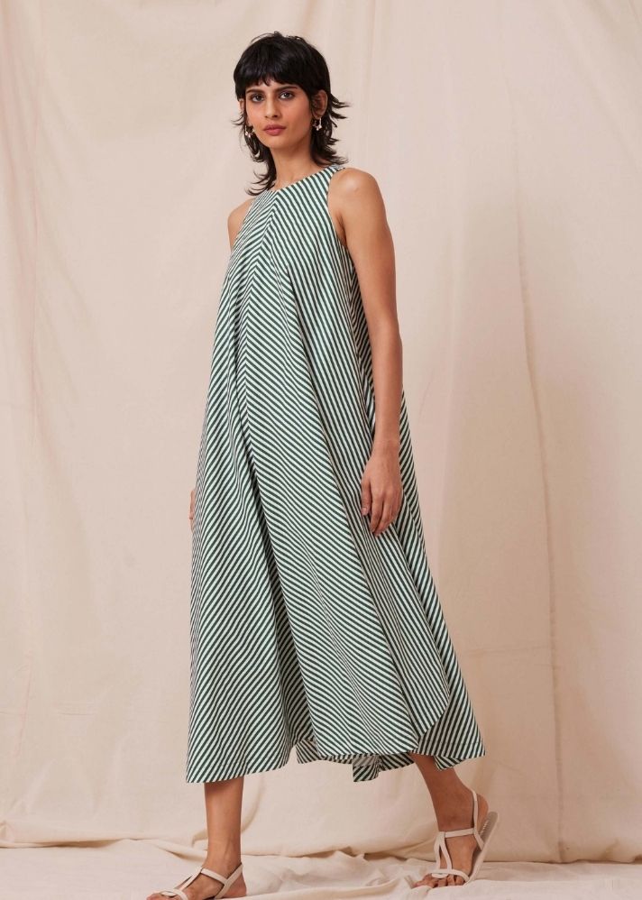 A Model Wearing  Cotton Audric Dress - Green Stripe, curated by Only Ethikal