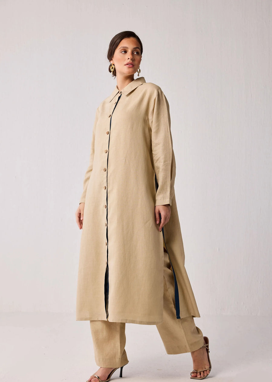 Oversized Hemp Shirt Dress With Front Buttons In Beige