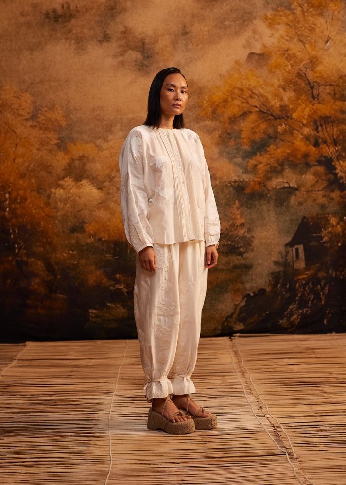 A Model Wearing White Cotton Silk Chanderi Reiko Drop-Crotch Pants, curated by Only Ethikal