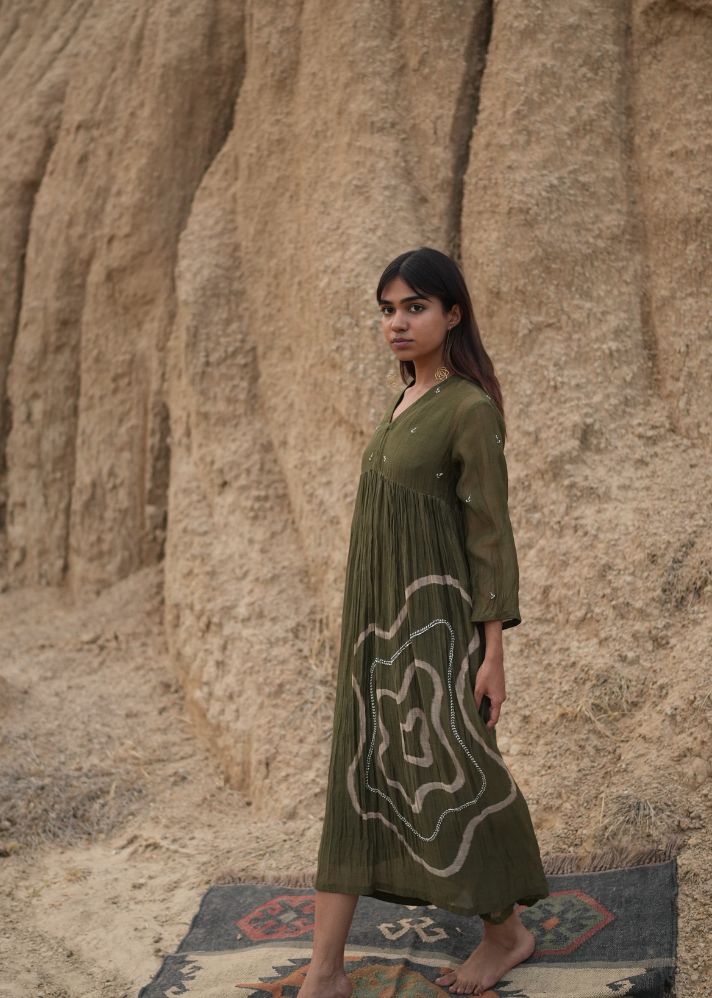 A Model Wearing Olive Chanderi Cotton Olive Arazi Dress, curated by Only Ethikal