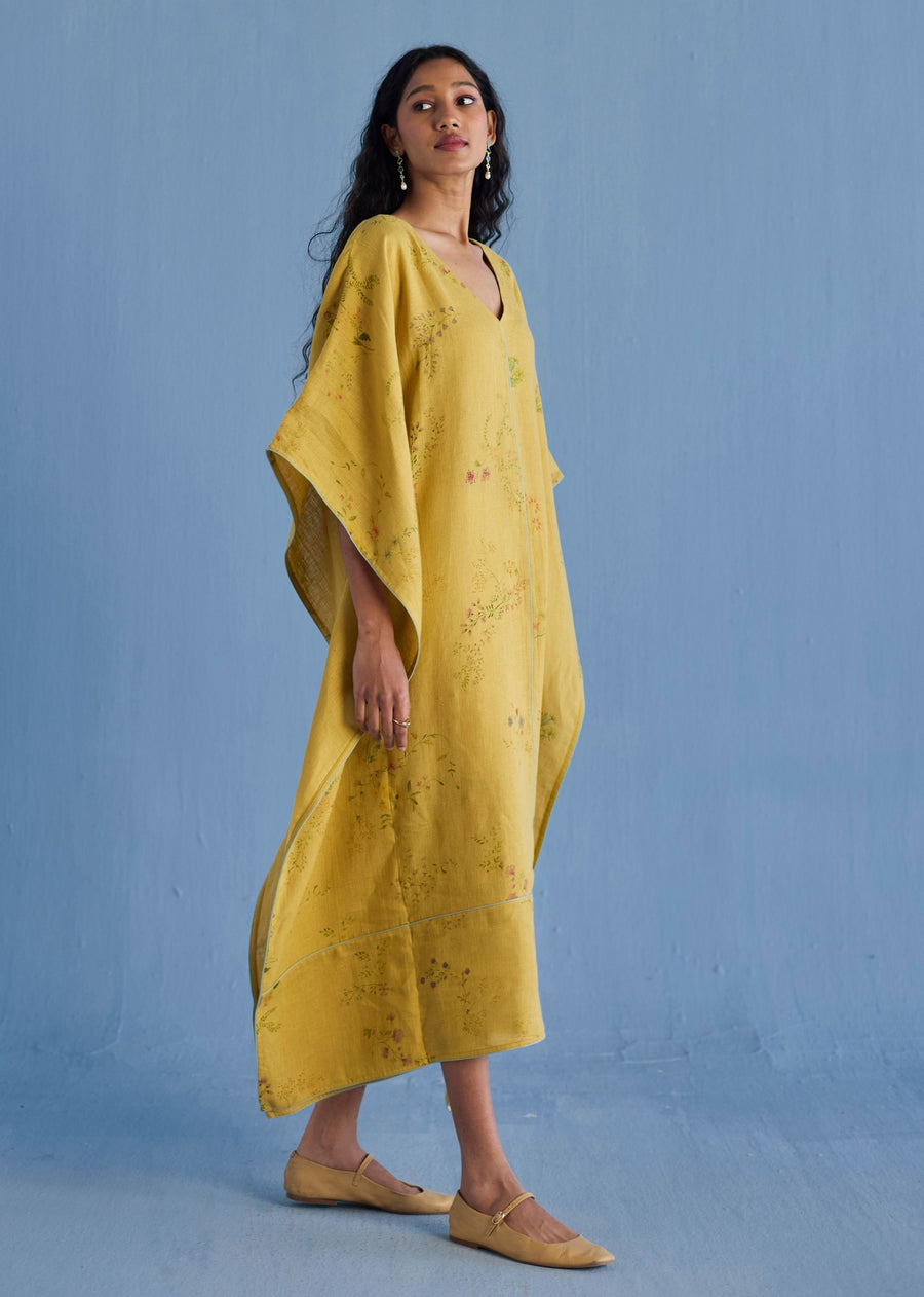 Eva Floral Linen Kaftan Dress - Ochre