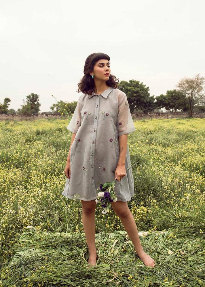 A Model Wearing Grey Handwoven Cotton Lilies In Neverland Dress In Kota Doria &  Kota Slub
, curated by Only Ethikal
