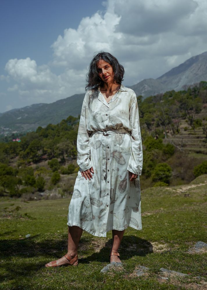 A Model Wearing Olive Vegan Silk L.05 Lightweight Unisex Shirt Dress, curated by Only Ethikal