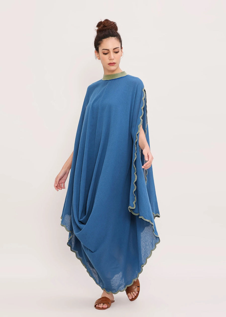 A Model Wearing Blue Pure Cotton Capsule Edit Ribbed Scallop Cowl Dress, curated by Only Ethikal