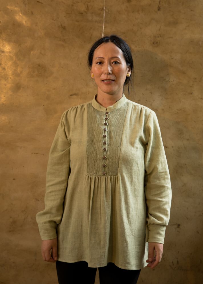 A Model Wearing Green Vegan Silk Kc.04 Organic Kala Cotton Kurta Top, curated by Only Ethikal