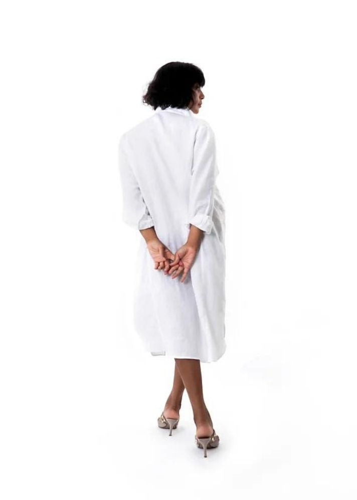 A Model Wearing White Linen Lucia Oversize Shirt Dress - Midi, curated by Only Ethikal