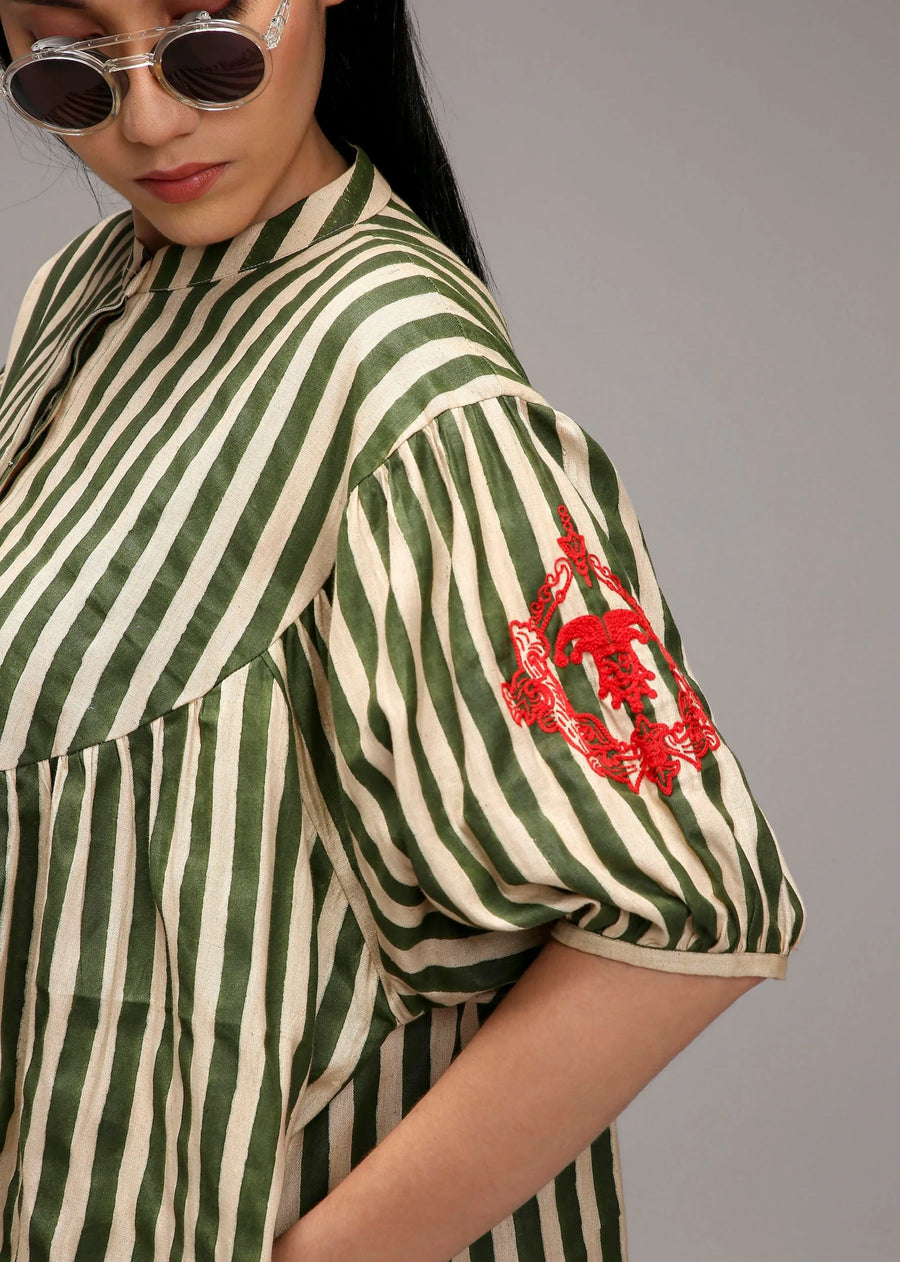 Egg-Shell Green Striped Short Acra Tunic Set (2 Pcs)