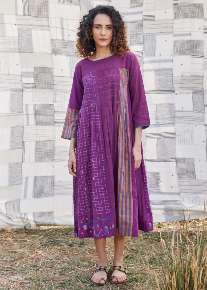 A Model Wearing Multicolor Jamdani Cotton Vanya Dress, curated by Only Ethikal