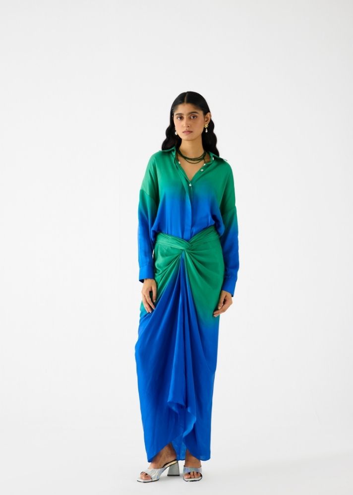 A Model Wearing Multicolor Vegan Silk Emerald Draped Shirt Dress, curated by Only Ethikal