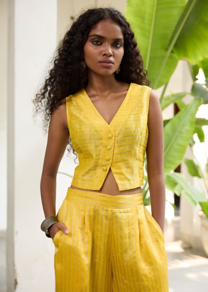 A Model Wearing Yellow  Chanderi Cotton Yellow Sabya Top, curated by Only Ethikal