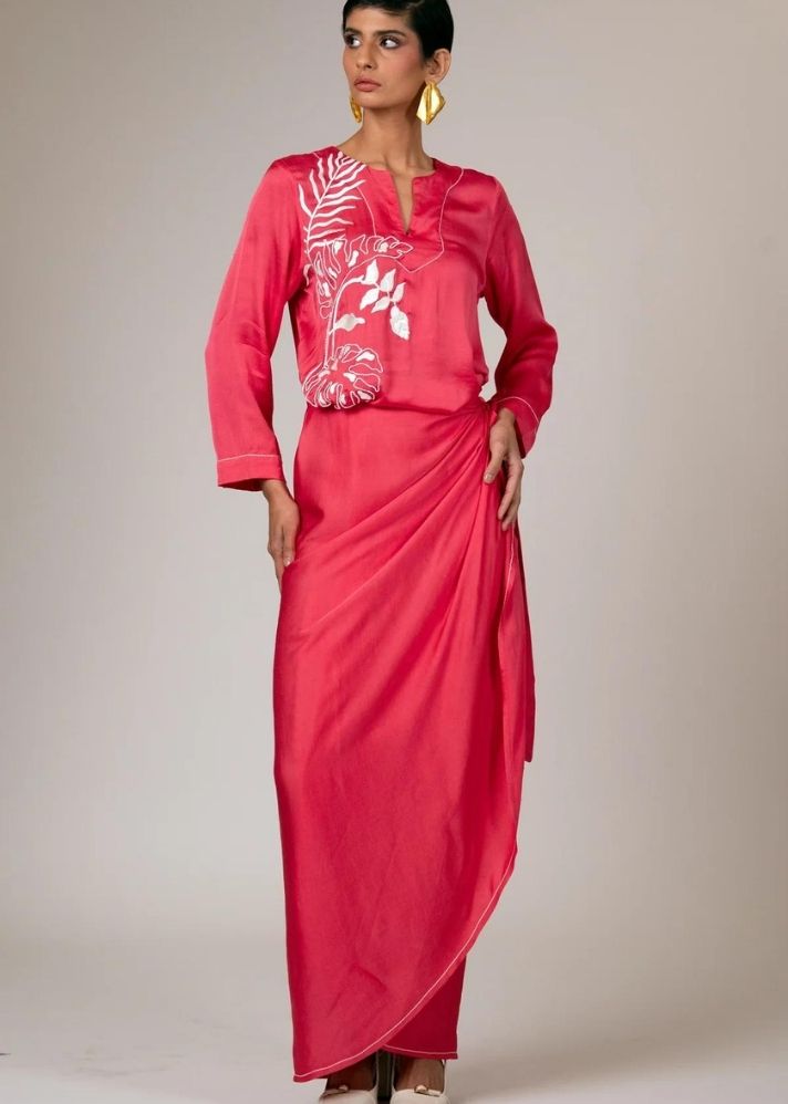 A Model Wearing Pink Modal Satin Pahi Kimono Dress, curated by Only Ethikal