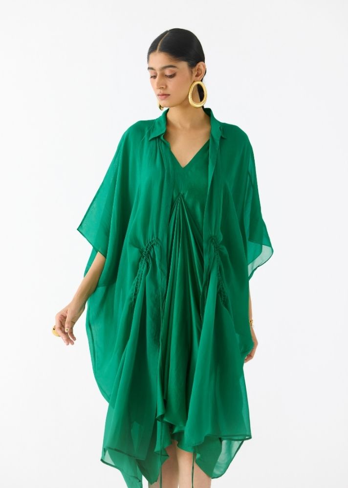 A Model Wearing Green Vegan Silk Emerald Midi Dress With Organza Cape, curated by Only Ethikal