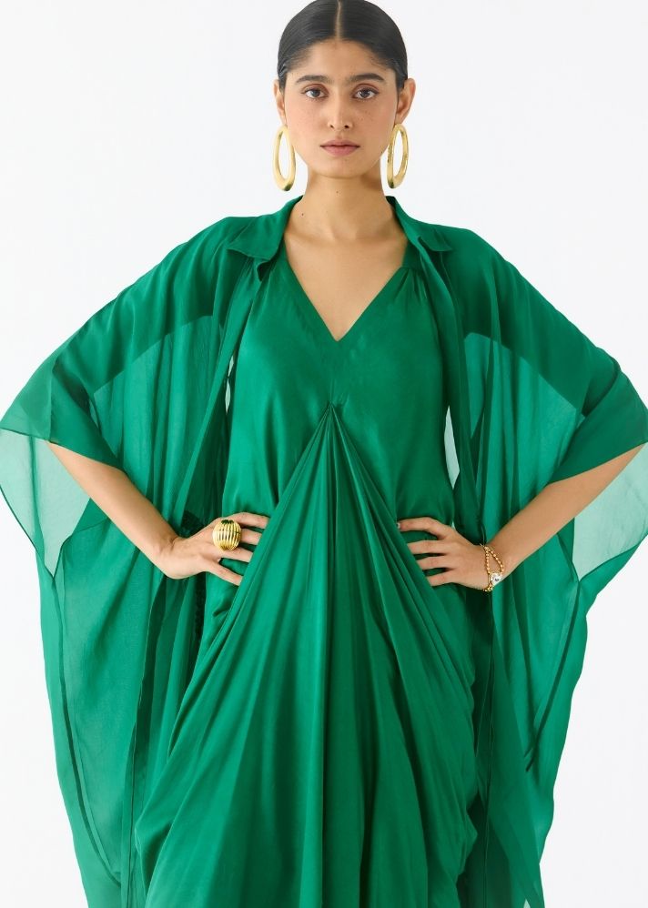 Emerald Midi Dress With Organza Cape