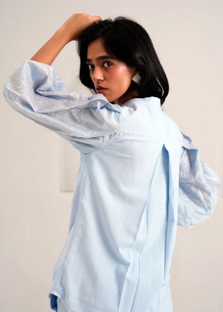 A Model Wearing Blue Handloom Cotton Oba Set, curated by Only Ethikal