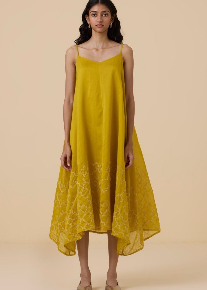 A Model Wearing Yellow Handwoven Cotton Inaya Yellow Handwoven Resort Dress , curated by Only Ethikal