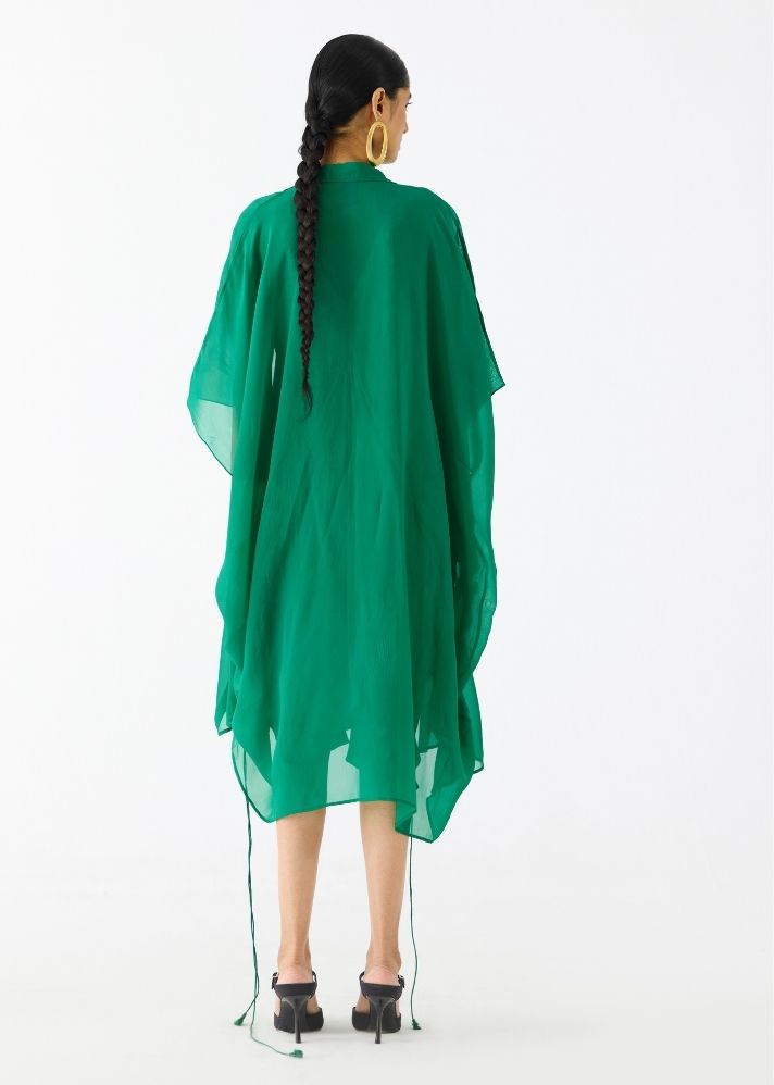 Emerald Midi Dress With Organza Cape