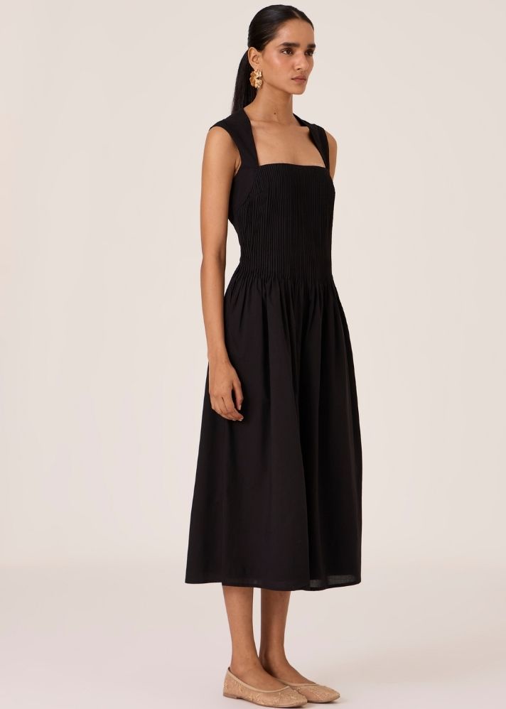 Ziva Black Pleated Midi Dress