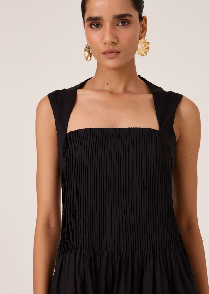 Ziva Black Pleated Midi Dress