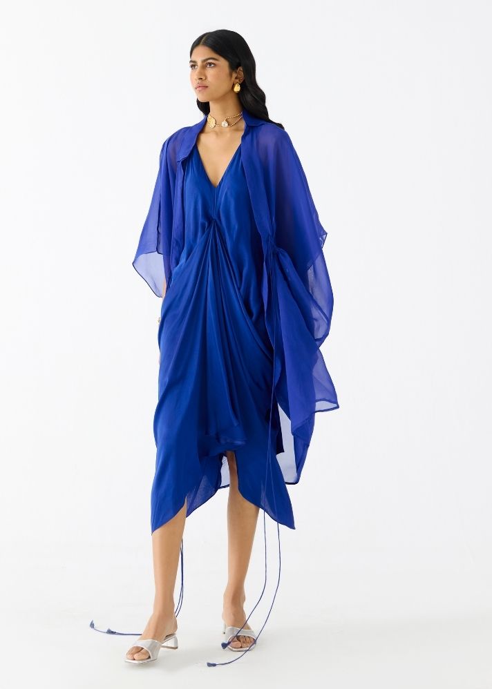 A Model Wearing Blue Vegan Silk Royal Midi Dress With Organza Cape, curated by Only Ethikal