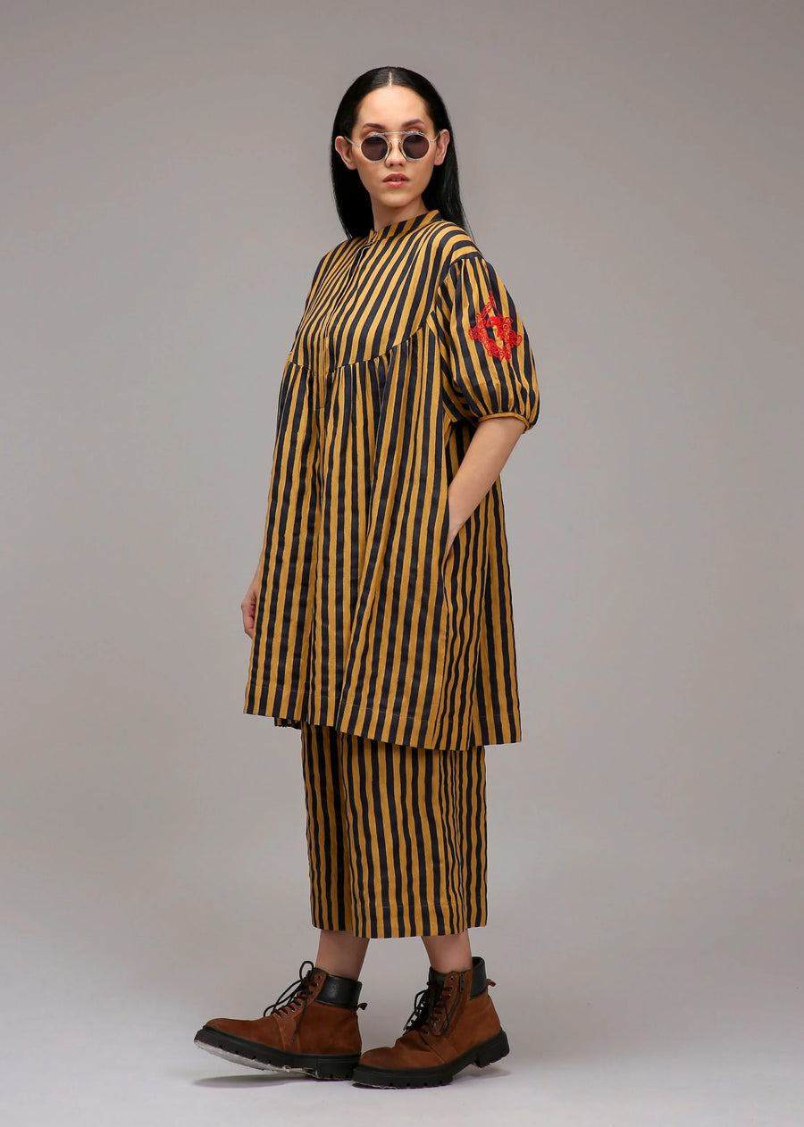 Tan-Brown Blue Striped Short Acra Tunic Set (2 Pcs)
