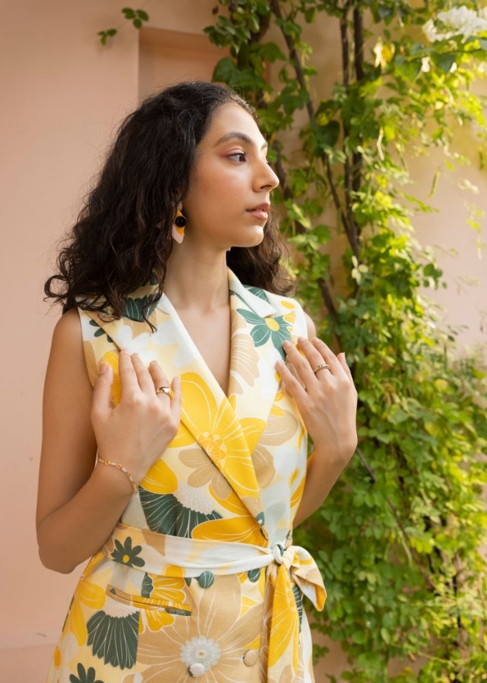 A Model Wearing Multicolor Vegan Silk Wild Buds Half Blazer- Mosaic Yellow Print, curated by Only Ethikal