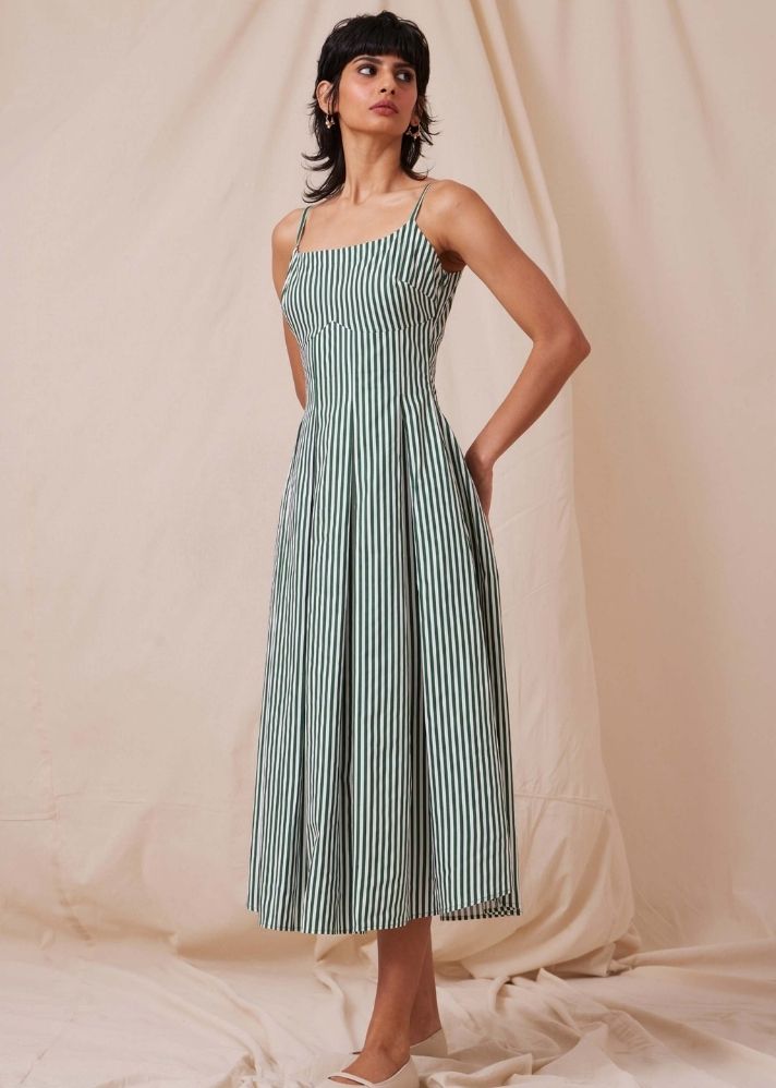 A Model Wearing  Cotton Ai Green Stripe Dress, curated by Only Ethikal