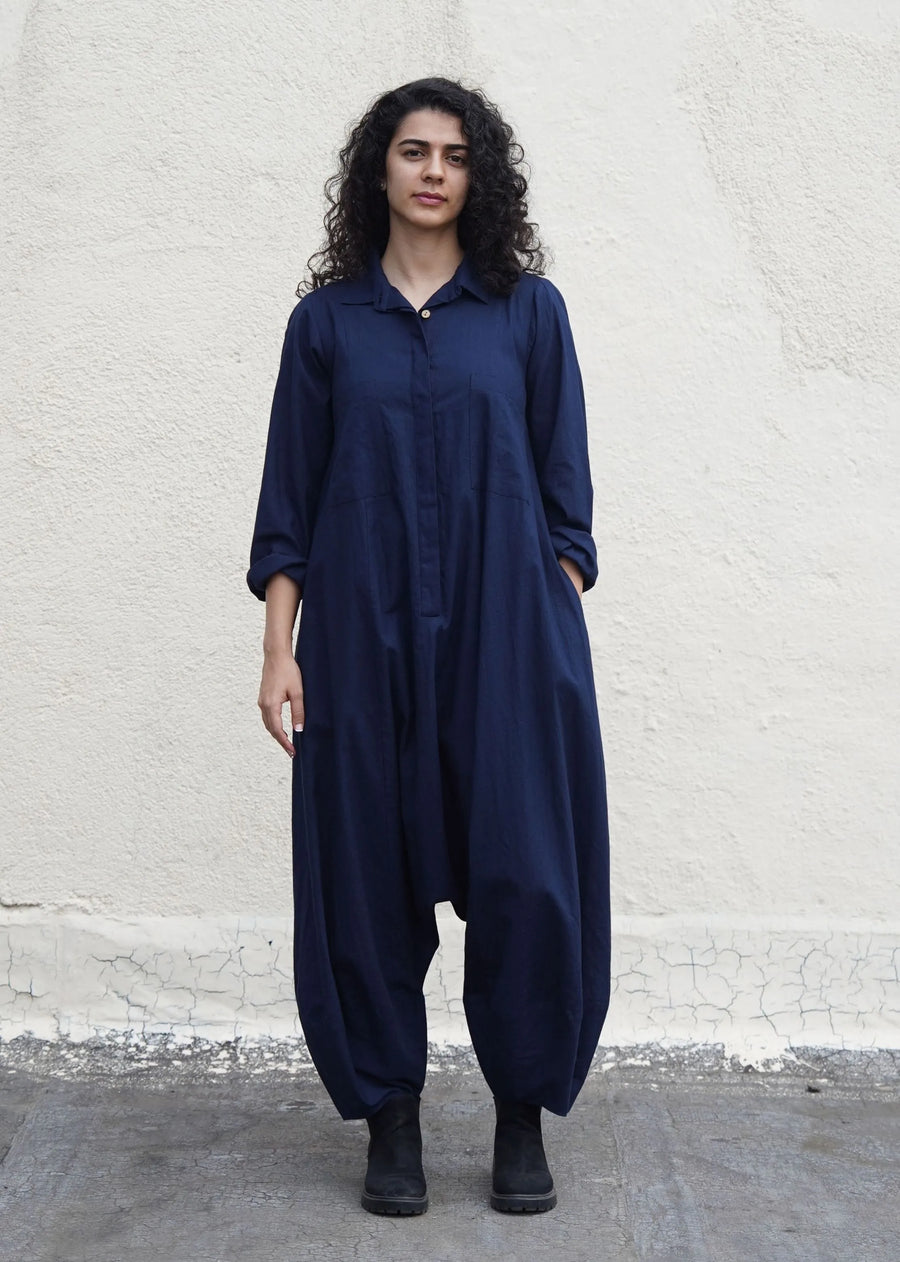 A Model Wearing Blue, Brown, Green Pure Cotton Capsule Edit Collar Sleeve Suga Jumpsuit, curated by Only Ethikal