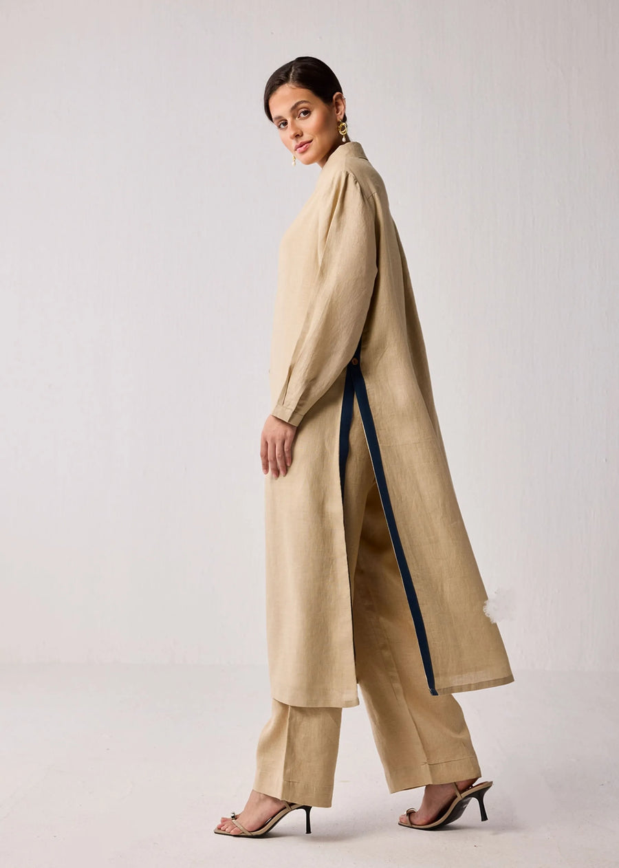 Oversized Hemp Shirt Dress With Front Buttons In Beige