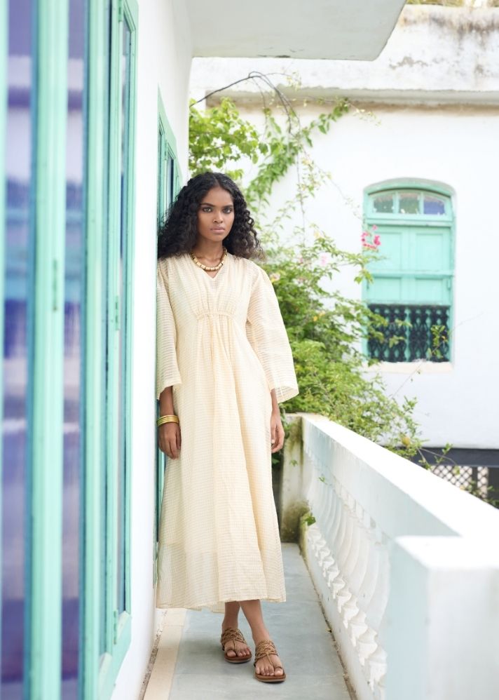 A Model Wearing White Chanderi Cotton White Shringara Gold Maxi Dress-Ra/Fe/03, curated by Only Ethikal