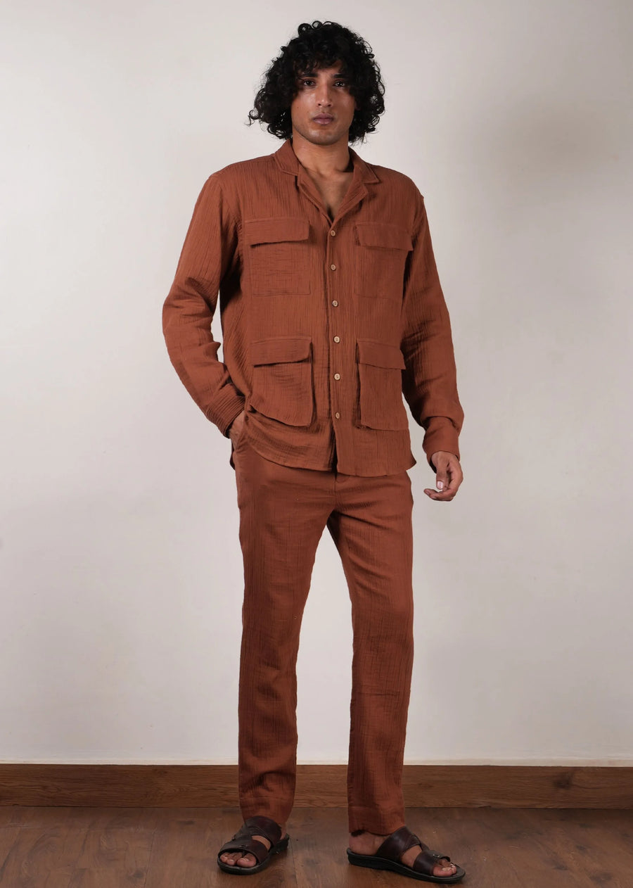 Men'S Pocket Crush Cotton Brown Shirt