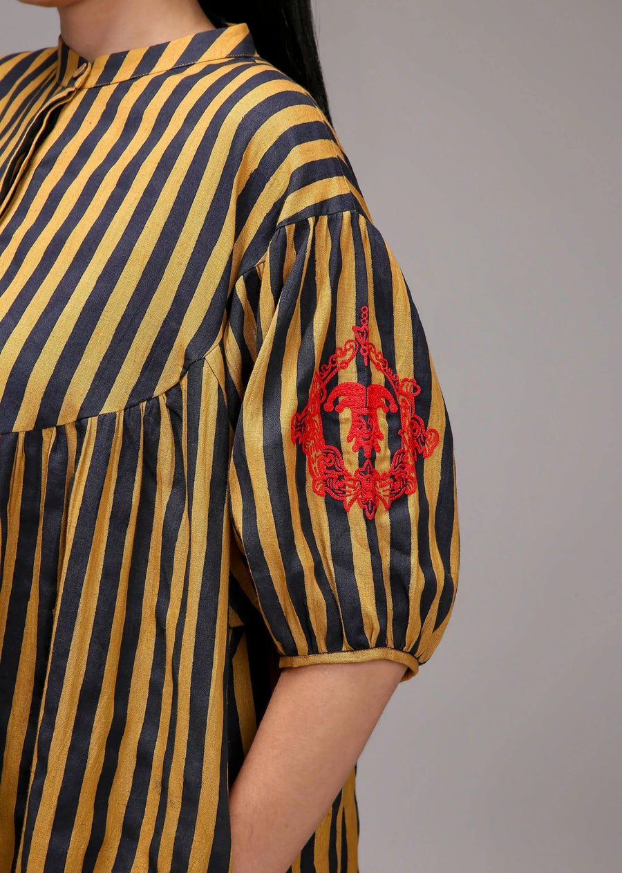 Tan-Brown Blue Striped Short Acra Tunic Set (2 Pcs)