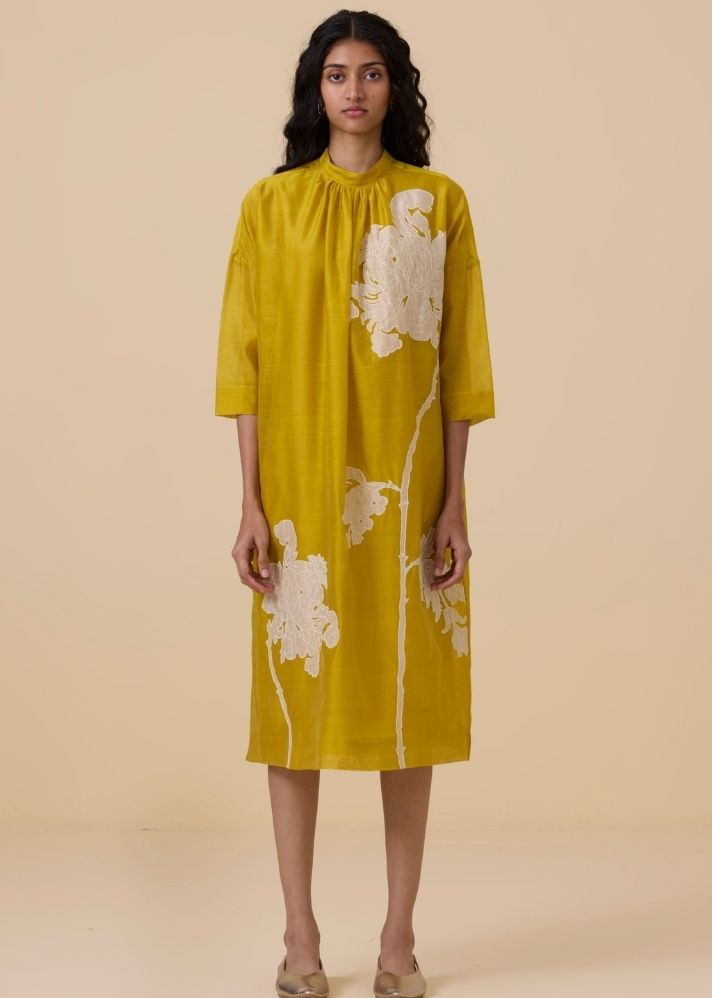 A Model Wearing Yellow Handwoven Cotton Aira Yellow Handwoven Embroidered Dress , curated by Only Ethikal